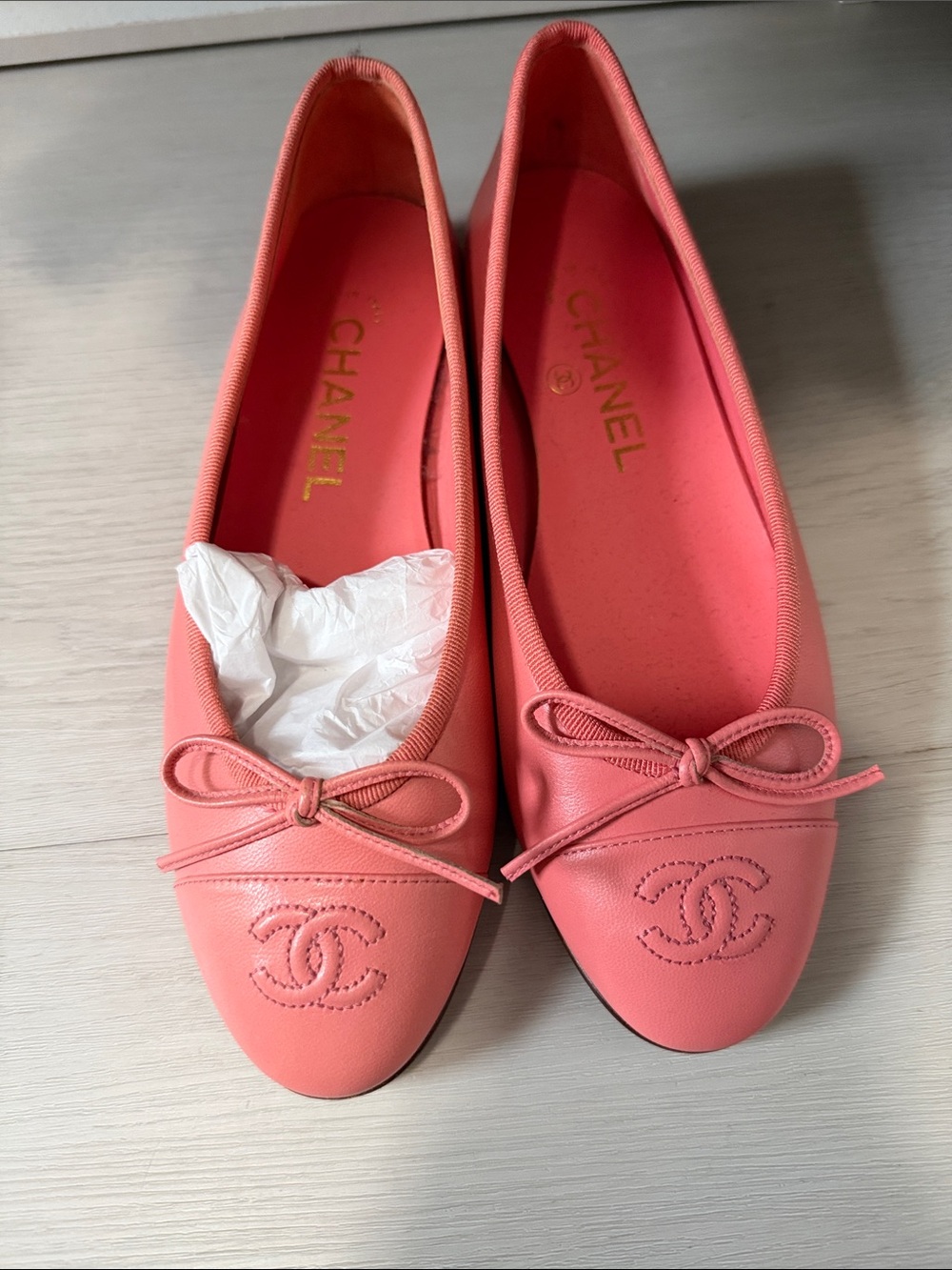 CHANEL Coral Ballet Flats with CC Bow Detail